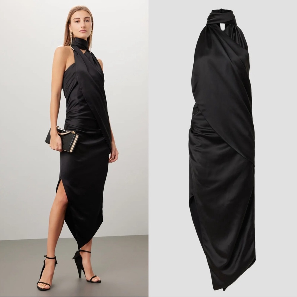 Arias New York High Neck Asymmetrical Long Dress Size 12 Monochrome Sleek Black